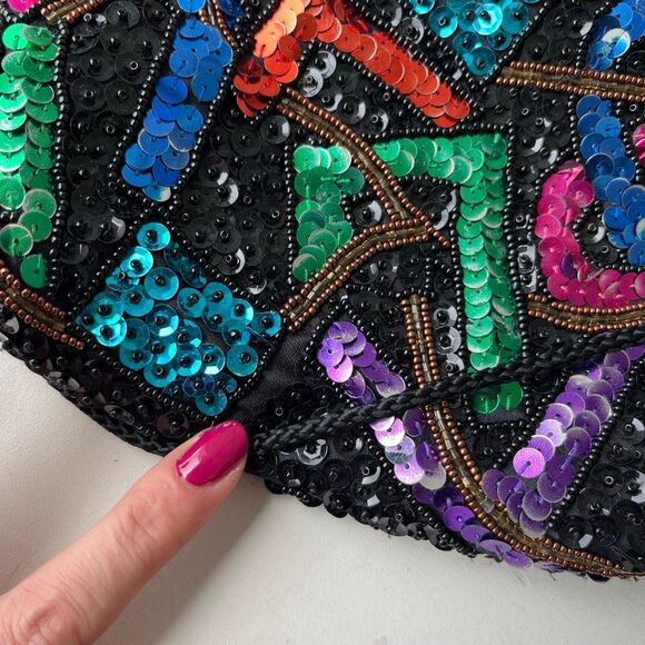 VTG 80s Beaded Sequin Crossbody Bag Black Multicolor Party Purse - Picture 4 of 8